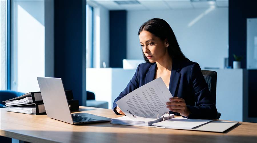 Administrative professional reviewing contract documents at a desk
